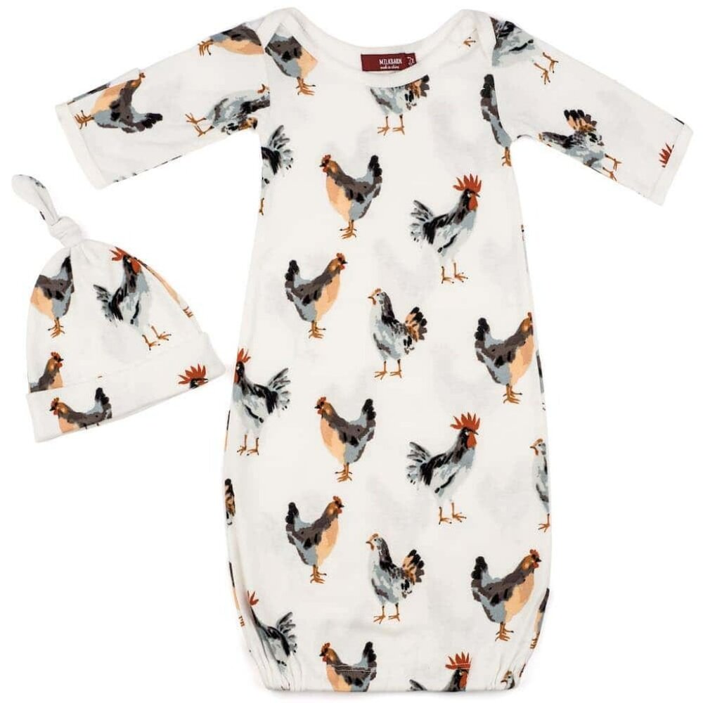 NWT Milkbarn Kids organic Newborn Gown and Hat Set in Chicken print
